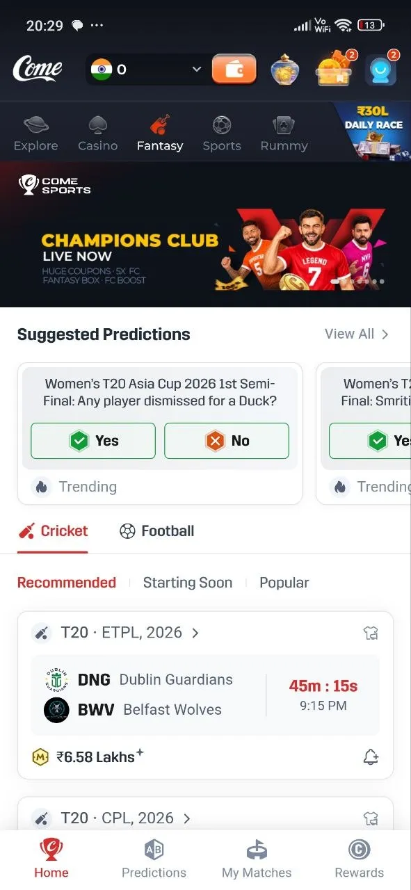COME app home screen with section tabs, Suggested Predictions, a cricket match card and the bottom menu